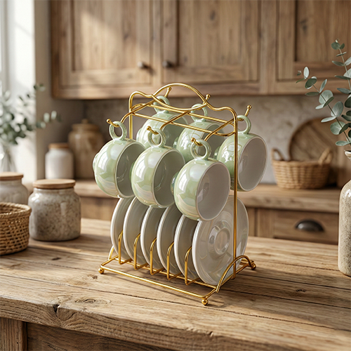 طقم شاي بورسلين مع صحون بقاعدة معدنية