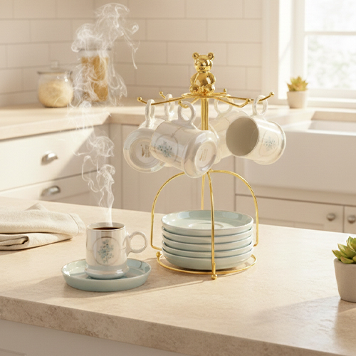 طقم شاي بورسلين مزخرف مع صحون وحامل معدني ذهبي