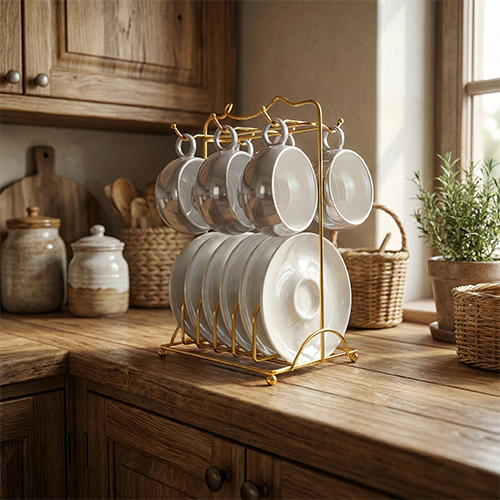 طقم شاي لاستر بورسلين بتصميم عصري مع حامل صحون معدنية ذهبية